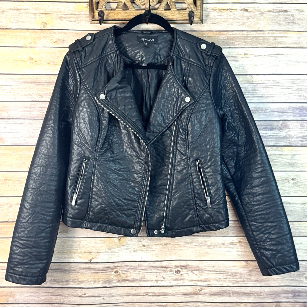 New Look Womens Black Textured Faux Leather Biker Jacket Large